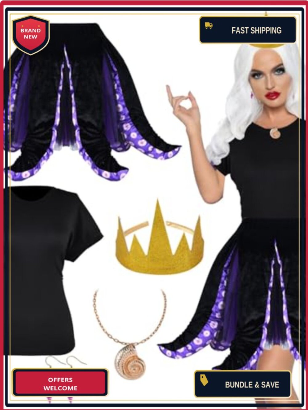 Octopus Costume Set Tentacle Tutu Skirt Tee Necklace Earrings Crown Halloween
